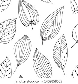 Seamless pattern with abstract leaves on white background. Black and white vector illustration. Outline drawing. 