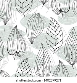 Seamless pattern with abstract leaves on white background. Vector illustration. Outline drawing. 