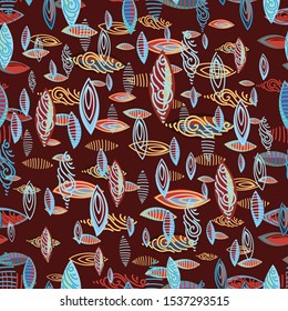 Seamless pattern. Abstract leaves on a brown background, randomly scattered.
 Composition of spots, lines and dots. Vector graphics.