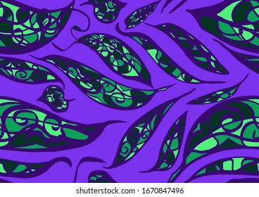 A seamless pattern of abstract leaves on a purple background.