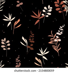 Seamless pattern with abstract leaves on black background.  Nature art vector illustration. Boho foliage in pastel colors. Trendy texture for print, textile, home decor, wall art, social media.