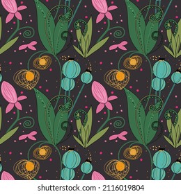 seamless pattern with abstract leaves, poppy flowers and tropic plants on dark background