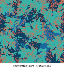A seamless pattern with abstract leaves in shades of blue and orange