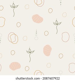Seamless pattern with abstract leaves, shapes and geometric elements. Modern print for decoration design, backgrounds, fashion, wrapping paper, textile, phone case. Vector illustration
