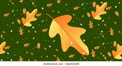 Seamless pattern abstract leaves of twigs and flowers on a dark background autumn orange yellow and brown for print web