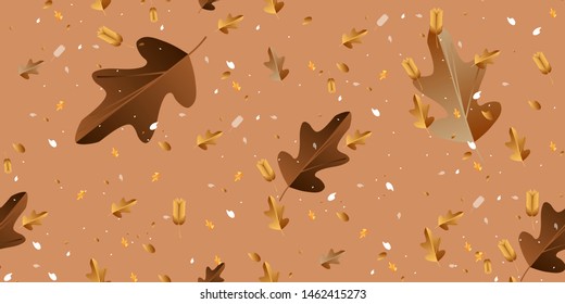 Seamless pattern abstract leaves of twigs and flowers on a dark background autumn orange yellow and brown for print web