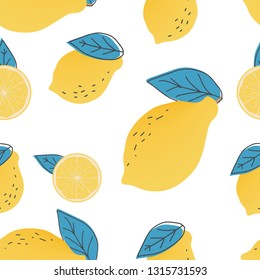 Seamless pattern with abstract lemons and leaves on white color. Fresh lemons background. Hand drawn overlapping backdrop. Citrus lemon fruits collection.