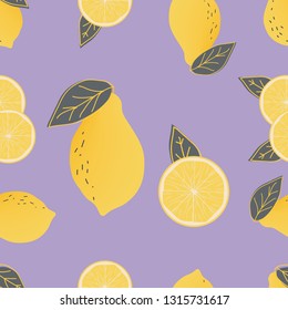 Seamless pattern with abstract lemons and leaves on purple color. Fresh lemons background. Hand drawn overlapping backdrop. Citrus lemon fruits collection.