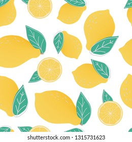 Seamless pattern with abstract lemons and leaves on white color. Fresh lemons background. Hand drawn overlapping backdrop. Citrus lemon fruits collection.