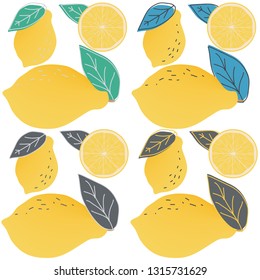 Seamless pattern with abstract lemons and leaves on white color. Fresh lemons background. Hand drawn overlapping backdrop. Citrus lemon fruits collection.
