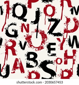 Seamless pattern with abstract letters in form of red and black paint blots and splashes on a light backdrop. Vector background with alphabet letters. Suitable for wallpaper, wrapping paper or fabric