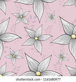 Seamless pattern of abstract light-grey flowers on a powder pastel pink background. Hand drawn realistic floral print can be used in design of clothes, textiles, wallpaper, pattern fill, covers etc.