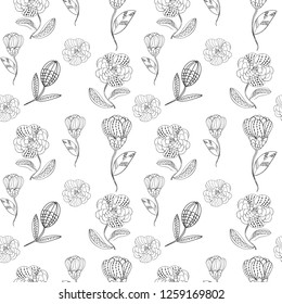 Seamless pattern abstract line flower and blossom. Hand drawn ornament vintage plant.