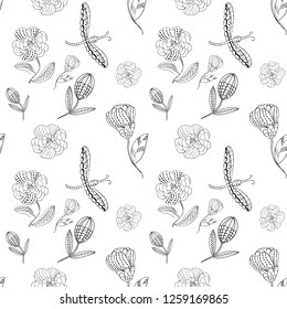 Seamless pattern abstract line flower and blossom. Hand drawn ornament vintage plant.