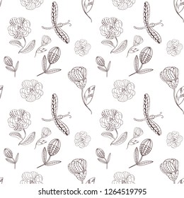 Seamless pattern abstract line flower and blossom. Hand drawn ornament vintage plant.