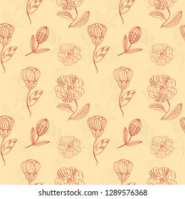 Seamless pattern abstract line flower and blossom. Hand drawn ornament vintage plant.