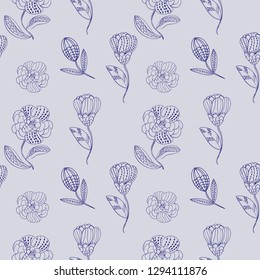 Seamless pattern abstract line flower and blossom. Hand drawn ornament vintage plant.