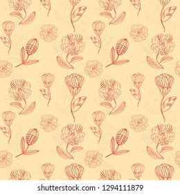 Seamless pattern abstract line flower and blossom. Hand drawn ornament vintage plant.