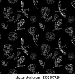 Seamless pattern abstract line flower and blossom. Hand drawn ornament vintage plant.