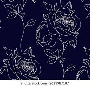 Seamless pattern with abstract line garden rose with leaves. Blossoming outline flowers on dark blue background. Vintage floral hand drawn wallpaper. Vector stock illustration.