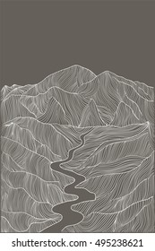 seamless pattern abstract  with linear drawing of graphic mountains  landscape. Stock  vector illustration. Line art