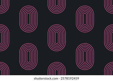 Seamless pattern with abstract linear figure. Brutal geometric shape. Primitive linear oval elements in minimalist style. Pink neon lines on black background. Memphis texture. Psychedelic vector.