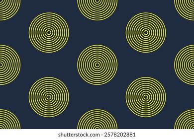 Seamless pattern with abstract linear figure. Brutal geometric round. Primitive line circle elements in minimalist style. Yellow neon shapes on dark background. Memphis texture. Psychedelic vector.