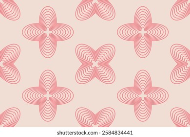 Seamless pattern with abstract linear figure. Brutal geometric flower shape. Primitive line elements in minimalist style. Pink figures on light background. Glowing memphis texture. Psychedelic vector.