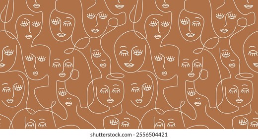 Seamless pattern with abstract lines of girls' faces. Silhouettes of women's portraits. Vector graphics.