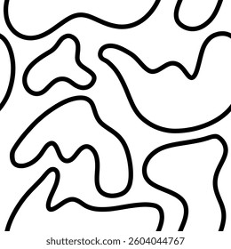 Seamless pattern with abstract liquid shapes. Trendy and stylish print for fabric, textile, natural wallpaper. Minimalistic abstract pattern with black outline blobs on white.