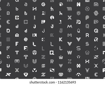 Seamless pattern with Abstract logos with letters. Isolated on Black background