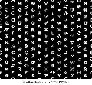 Seamless pattern with Abstract logos with letters. Isolated on Black background