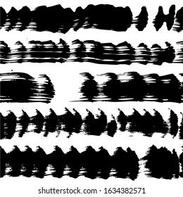 Seamless pattern from abstract long textured black brush strokes on a white background