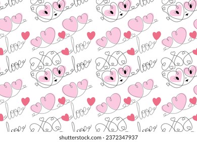 Seamless pattern of abstract love character with lettering and colorful hearts in trendy soft pink