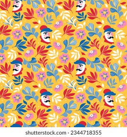 Seamless pattern with abstract male faces and red and blue colors. Vector pattern with masculine faces with mustache in abstract simple shapes on yellow background for textile prints or objects