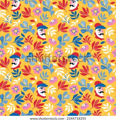 Seamless pattern with abstract male faces and red and blue colors. Vector pattern with masculine faces with mustache in abstract simple shapes on yellow background for textile prints or objects