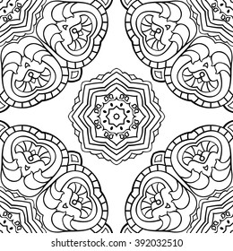 Seamless pattern of abstract mandala on a white background. Oriental ornament. Template for carpet, shawl, wallpaper, embroidery.
