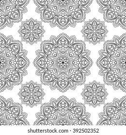Seamless pattern of abstract mandala on a white background. Oriental ornament. Template for carpet, shawl, wallpaper, embroidery.