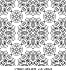 Seamless pattern of abstract mandala on a white background. Oriental ornament. Template for carpet, shawl, wallpaper, embroidery.