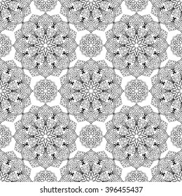 Seamless pattern of abstract mandala on a white background. Oriental ornament. Template for carpet, shawl, wallpaper, embroidery.