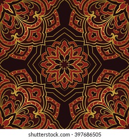 Seamless pattern of abstract mandala on a dark background. Oriental ornament. Template for carpet, shawl, wallpaper, embroidery.