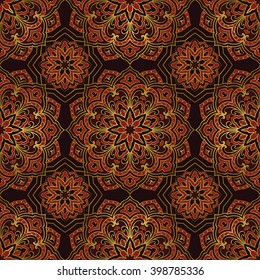 Seamless pattern of abstract mandala on a dark background. Oriental ornament. Template for carpet, shawl, wallpaper, embroidery