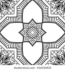 Seamless pattern of abstract mandala on a white background. Oriental geometric ornament. Template for carpet, shawl, wallpaper, embroidery.