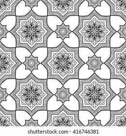 Seamless pattern of abstract mandala on a white background. Oriental geometric ornament. Template for carpet, shawl, wallpaper, embroidery.