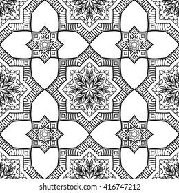 Seamless pattern of abstract mandala on a white background. Oriental geometric ornament. Template for carpet, shawl, wallpaper, embroidery.