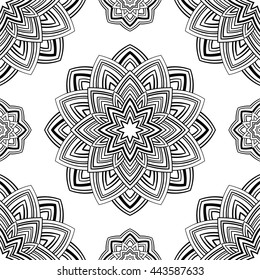 Seamless pattern of abstract mandala on a white background. Oriental ornament. Template for carpet, shawl, wallpaper, embroidery.