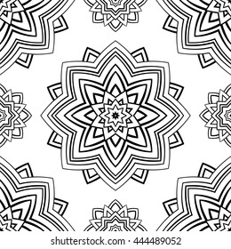Seamless pattern of abstract mandala on a white background. Oriental ornament. Template for carpet, shawl, wallpaper, textile.