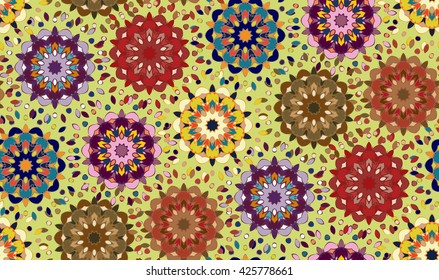 Seamless pattern with abstract mandala ornament in eastern colors on green background. Vector illustration