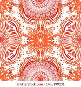 Seamless pattern of abstract mandala ornaments. Decorative background for yoga mat, cover, tapestry. Indian, turkish, arabic motifs. Bright ethnic arabesques.