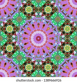 Seamless pattern abstract mandalas in blue, green and purple colors. For desktop, Wallpaper for, trance, meditation, serene paints combinations. Vector sketch. A variety of shapes and floral elements.